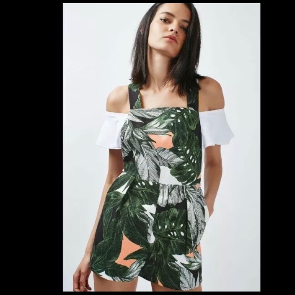 TOPSHOP Palm Print Overall Shorts
